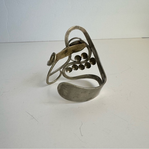 Vintage Abalone Shell Bracelet Artisan Freeform Silver Large Cuff MCM Modernist - Picture 7 of 16